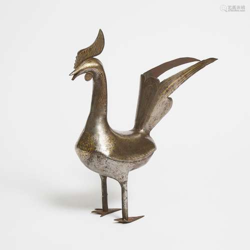 A Qajar Gold-Damascened Steel Cockerel, Persia, 19th Century...