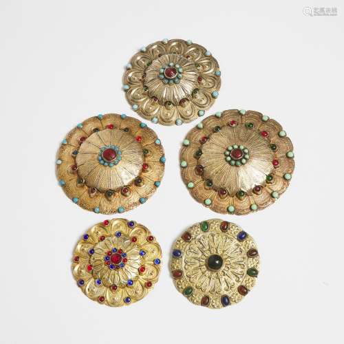 A Group of Five Turkman Silver-Gilt Ornaments, Central Asia,...