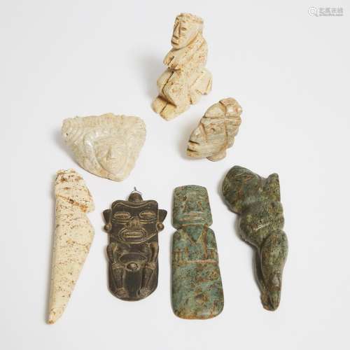A Group of Seven Pre-Columbian Stone Carvings, longest lengt...