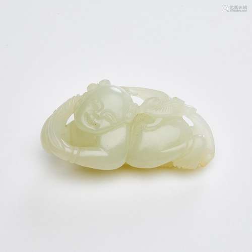 A Pale Celadon Jade Carving of a Boy, 18th Century, 清 十八世...