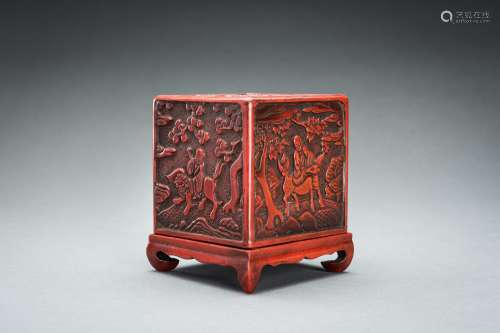 A CINNABAR LACQUER ‘IMMORTALS AND BUDAI’ BOX AND COVER, QING