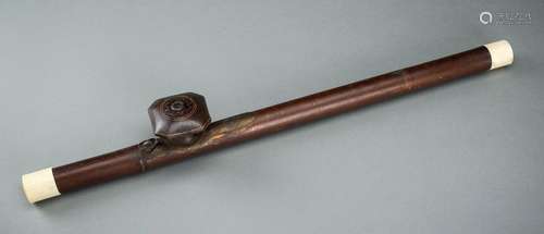 A BAMBOO OPIUM PIPE WITH BONE, BRASS AND YIXING CERAMIC FITT...