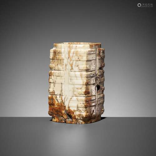 A THREE-TIERED WHITE AND RUSSET JADE CONG, LATE LIANGZHU CUL...