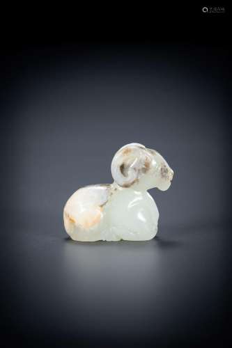 AN EXQUSITE WHITE JADE ‘RAM’ CARVING, LATE MING TO QING DYNA...