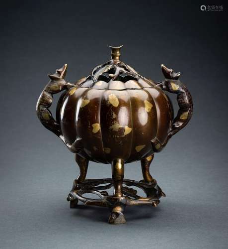 A PUMPKIN SHAPED GOLD SPLASH BRONZE TRIPOD CENSER, 19th CENT...