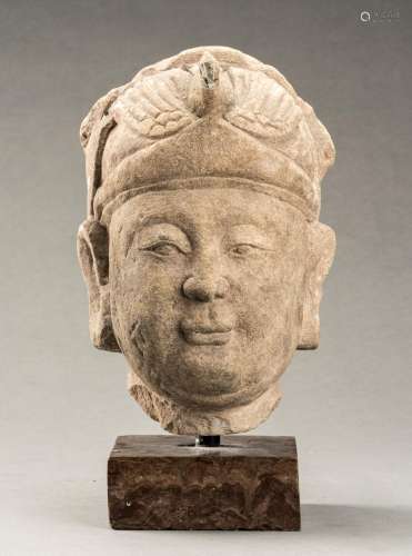 A SANDSTONE HEAD OF A GUARD, MING DYNASTY