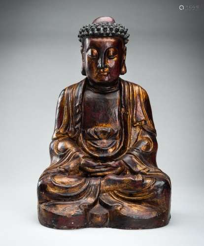 A POLYCHROME LACQUERED MING DYNASTY FIGURE OF BUDDHA