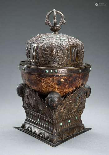 A COPPER MOUNTED KAPALA AND STAND, 19TH CENTURY
