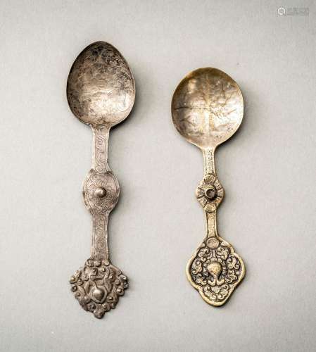 TWO EMBELLISHED TIBETAN SILVERED SPOONS
