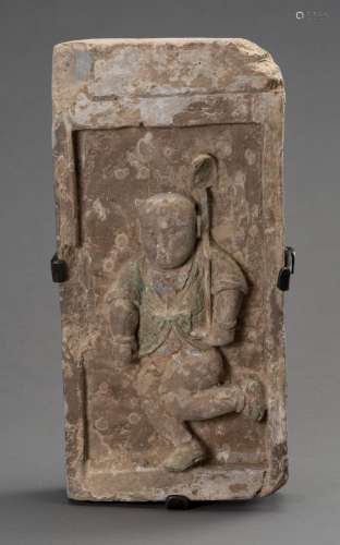 A TERRACOTTA BRICK DEPICTING A CHILD WITH STANDARD, SONG DYN...