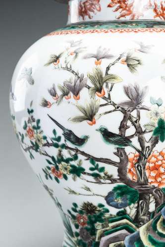 A LARGE FAMILLE VERTE ‘MAGPIES AND FLOWERS´ BALUSTER VASE AN...