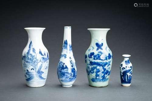 A GROUP OF FOUR BLUE AND WHITE PORCELAIN VASES, QING