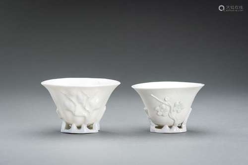 A GROUP OF TWO BLANC DE CHINE PORCELAIN LIBATION CUPS, QING