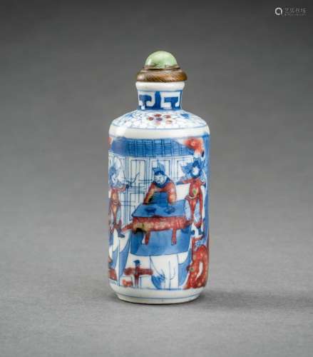 A BLUE, WHITE AND IRON RED PORCELAIN SNUFF BOTTLE WITH PALAC...