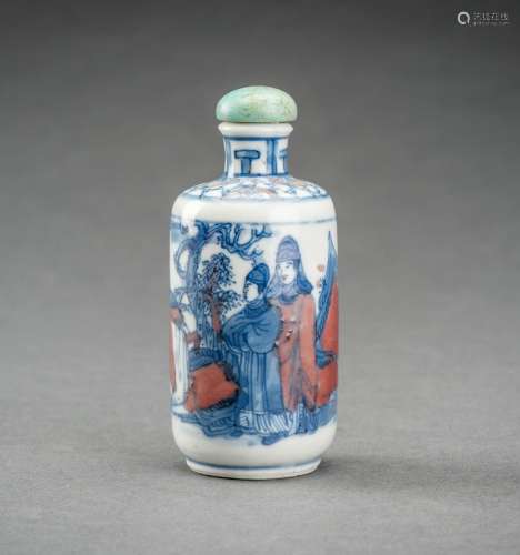 A BLUE, WHITE AND IRON RED PORCELAIN SNUFF BOTTLE WITH WARRI...