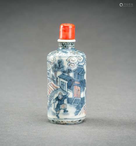A BLUE, WHITE AND IRON RED PORCELAIN SNUFF BOTTLE, QING DYNA...