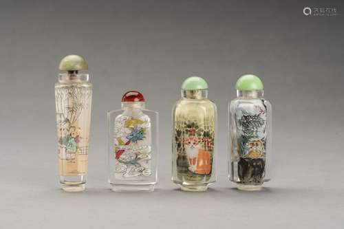 A GROUP OF FOUR INSIDE PAINTED GLASS SNUFF BOTTLES