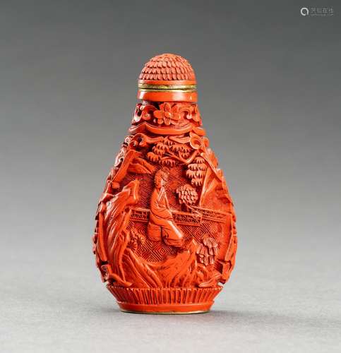 A CARVED CINNABAR LACQUER SNUFF BOTTLE, REPUBLIC