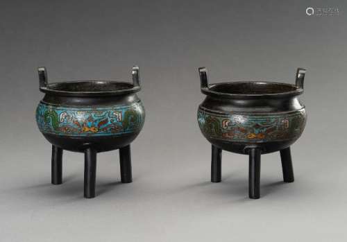 A PAIR OF CHAMPLEVE ENAMEL BRONZE TRIPOD CENSERS, QING DYNAS...