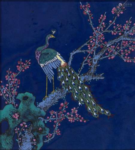 A BLUE-GROUND ENAMELED ‘PEACOCK AND PRUNUS’ PLAQUE, LATE QIN...