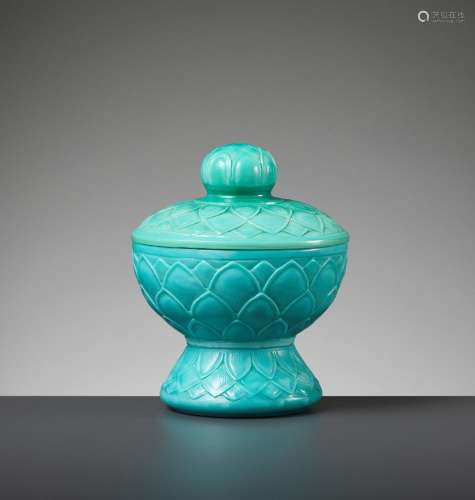 A RARE TURQUOISE PEKING GLASS STEM BOWL AND COVER, QIANLONG ...