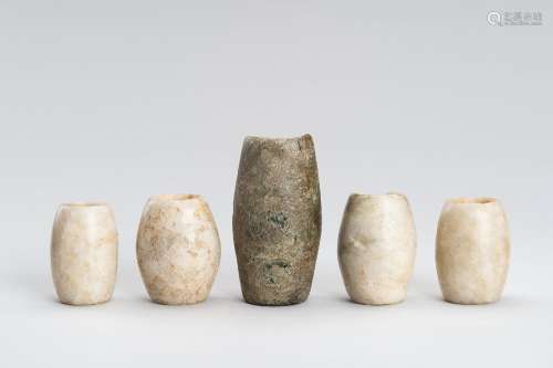 A GROUP OF FIVE LARGE ANCIENT STONE BEADS
