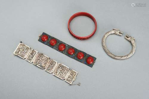 A GROUP OF FOUR METAL, SILVER-PLATED, AND CINNABAR LACQUER B...