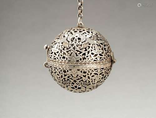 A SILVERED METAL OPENWORK POMANDER, c. 1920s