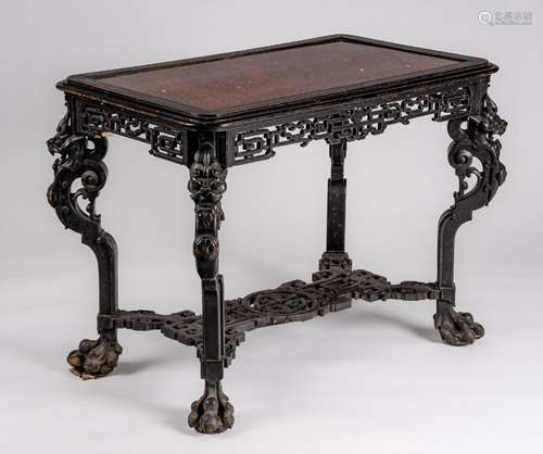 A LACQUERED HONGMU WOOD AND STONE CONSOLE TABLE, QING DYNAST...