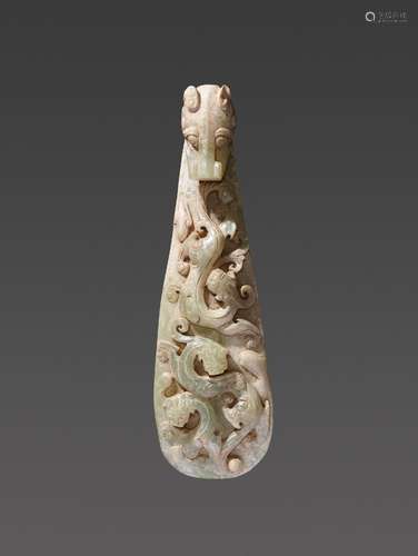 A LARGE ARCHAISTIC CELADON JADE ‘CHILONG’ BELT HOOK