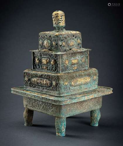 A LARGE ARCHAISTIC PARCEL GILT COPPER REPOUSSÉ INCENSE BURNE...