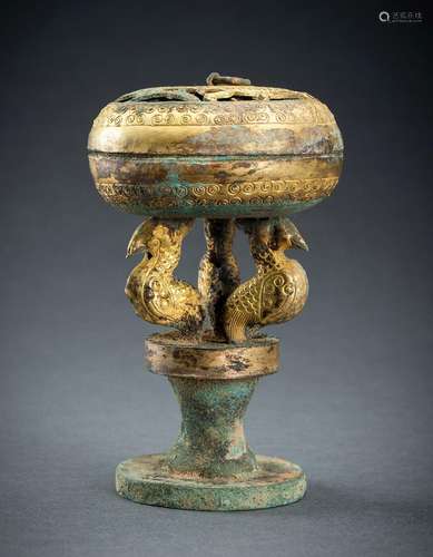 AN ARCHAISTIC FIRE-GILT COPPER REPOUSSÉ CENSER WITH STAND