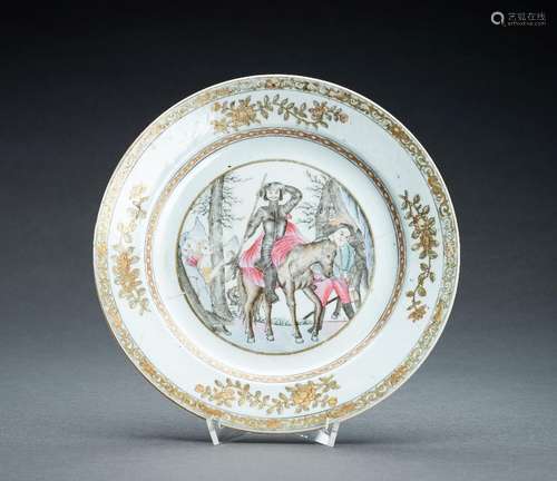 A RARE FAMILLE ROSE AND GRISAILLE ‘DON QUIXOTE’ DISH, QIANLO...