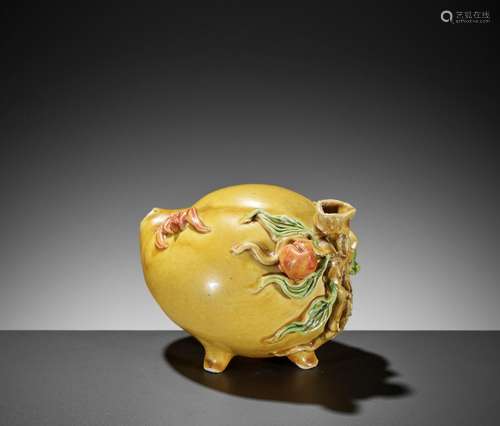 AN IMPERIAL YELLOW GLAZED PEACH-FORM WATER DROPPER, QING DYN...