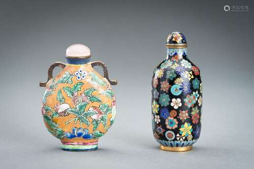 TWO CLOISONNE AND ENAMELED SNUFF BOTTLES, c. 1920s