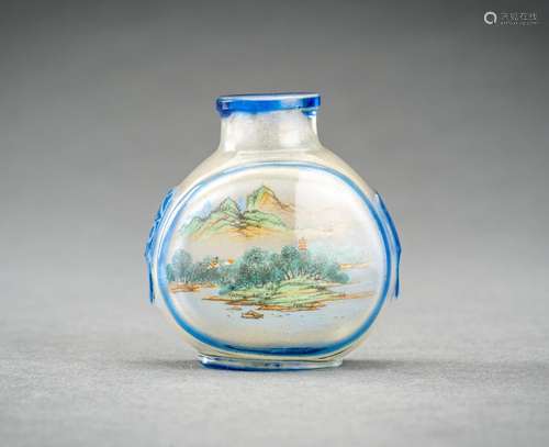 A BLUE OVERLAY AND INSIDE PAINTED GLASS SNUFF BOTTLE, c. 192...