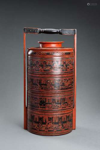 A BURMESE LACQUERED BAMBOO TIFFIN CARRIER, c. 1900s