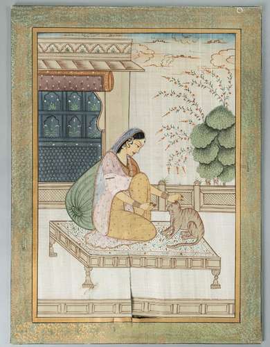 A LARGE INDIAN SILK PAINTING OF A NOBLEWOMAN WITH CAT