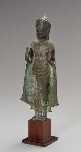 A KHMER BRONZE FIGURE OF A CROWNED BUDDHA, 13TH CENTURY