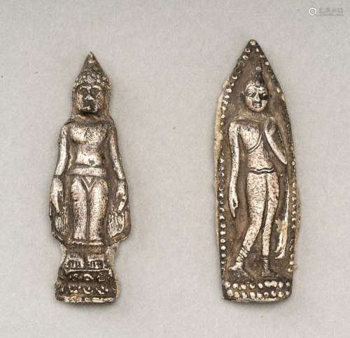 A LOT WITH TWO SHEET SILVER REPOUSSÉ VOTIVE PLAQUES OF BUDDH...