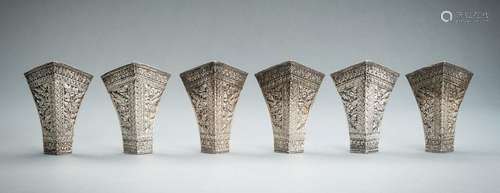 A GROUP OF SIX EMBOSSED SILVER BETEL LEAF HOLDERS, c. 1900s