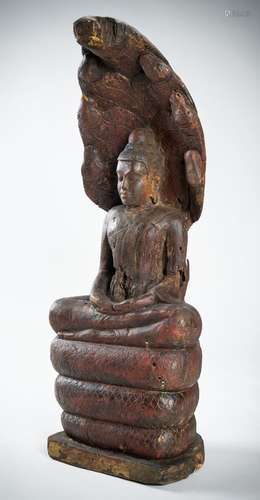 A LARGE WOOD FIGURE OF BUDDHA MUCHALINDA