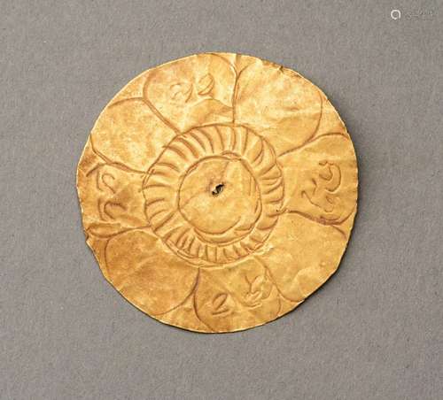 A SHEET GOLD PLAQUE INCISED WITH A LOTUS BLOOM, PRE-ANGKOR P...