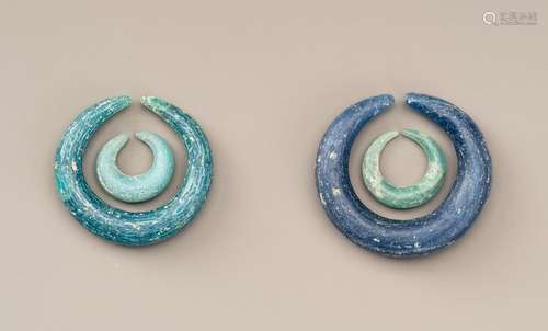 TWO PAIRS OF ANCIENT BLUE GLASS EARRINGS, DONG SON