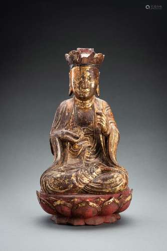 A RED AND GILT-LACQUERED WOOD FIGURE OF A CROWNED BUDDHA