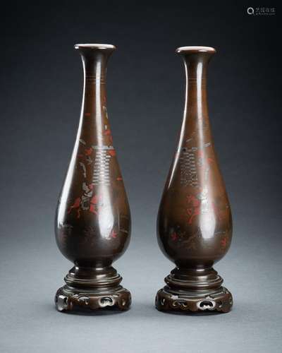 A PAIR OF VIETNAMESE SILVER INLAID BRONZE VASES, 19th CENTUR...