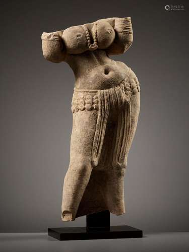 A SANDSTONE TORSO OF A YAKSHI, INDIA, MATHURA, KUSHAN PERIOD...