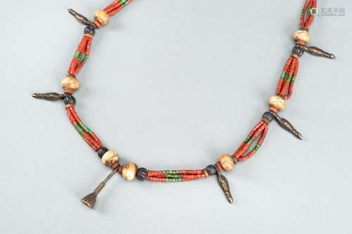 A NAGALAND MULTI-COLORED GLASS, BRASS AND SHELL NECKLACE, c....