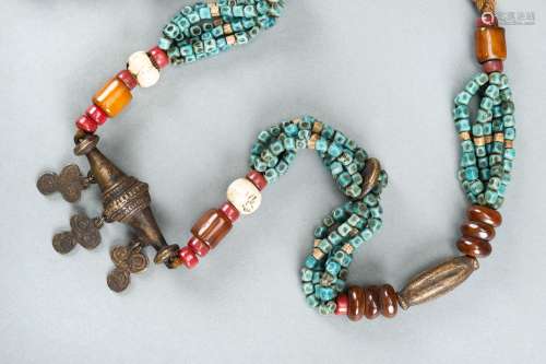 A NAGALAND MULTI-COLORED GLASS, BRASS AND SHELL NECKLACE, c....