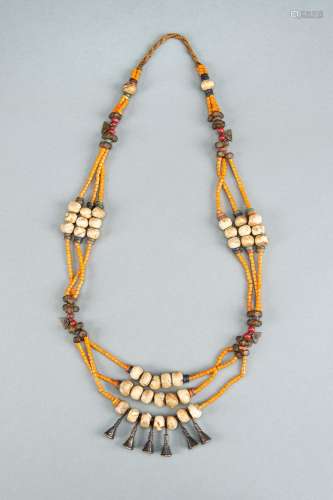 A NAGALAND MULTI-COLORED GLASS, BRASS AND SHELL NECKLACE, c....